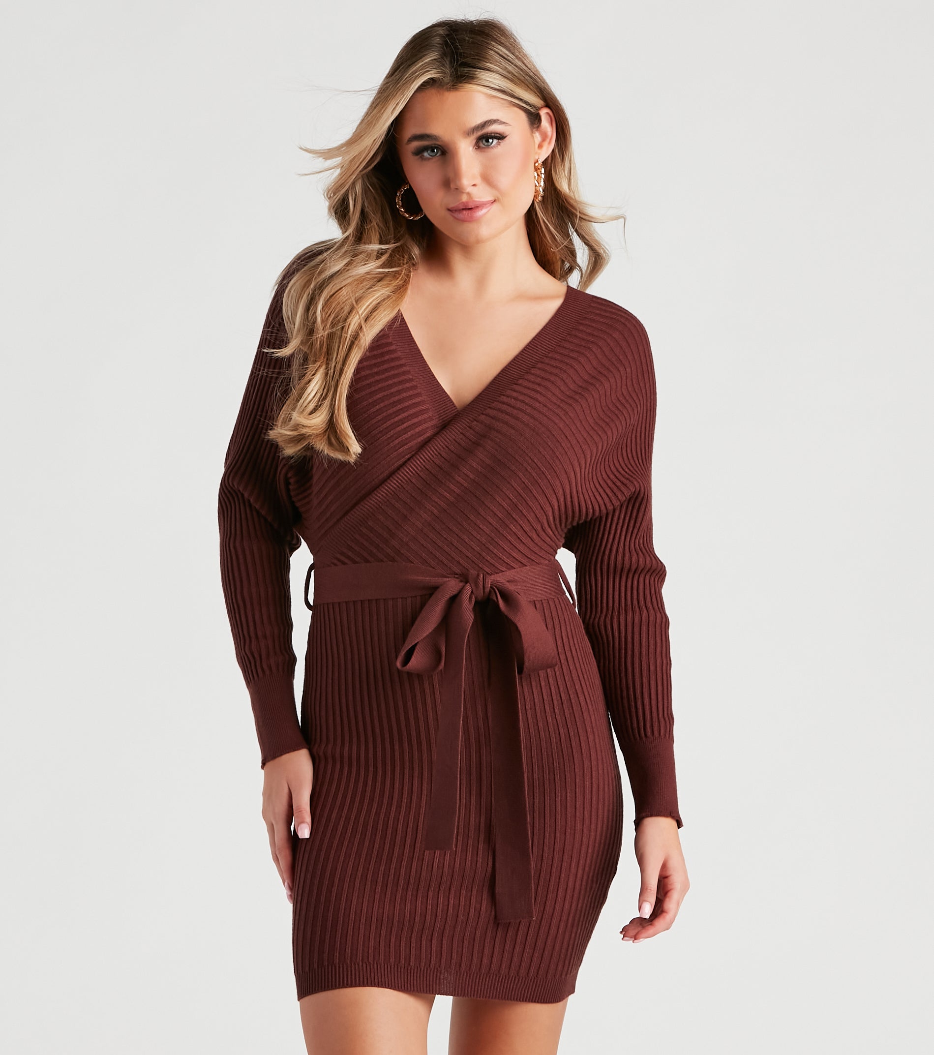 Ribbed Knit Tie-Front Mini Sweater Dress