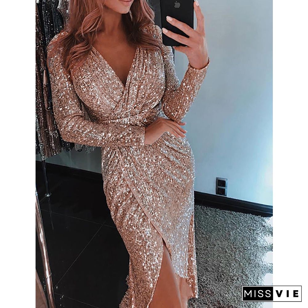 Sexy Women Dress Fashion Sequin Women Long Sleeve Dress Maxi V Neck Long Dresses Casual Summer Split Wrap Ladies Party Dresses