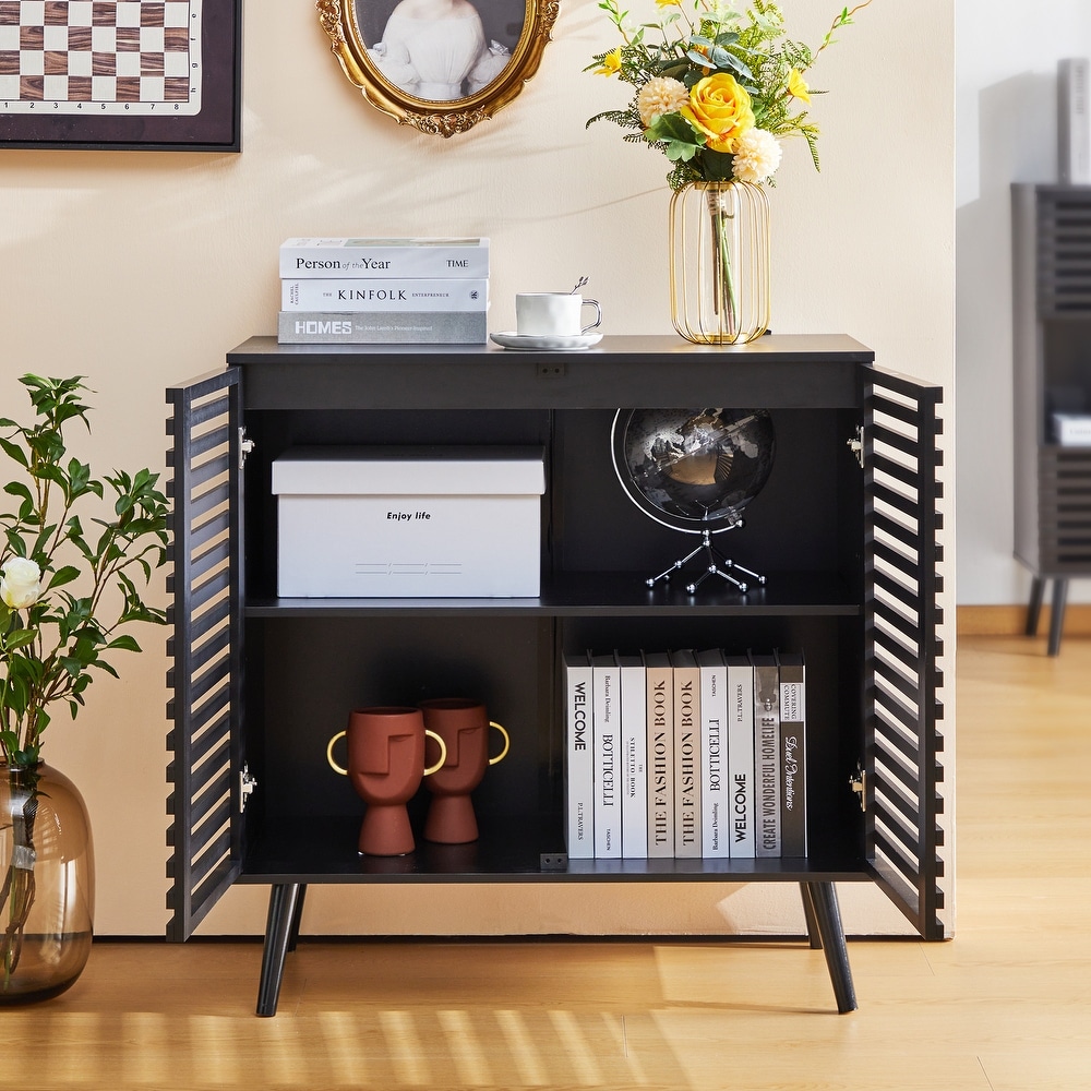 Black Sideboard Buffet Cabinet  Accent Storage Cabinet Kitchen Console Table with 2 Hollowed Out Doors