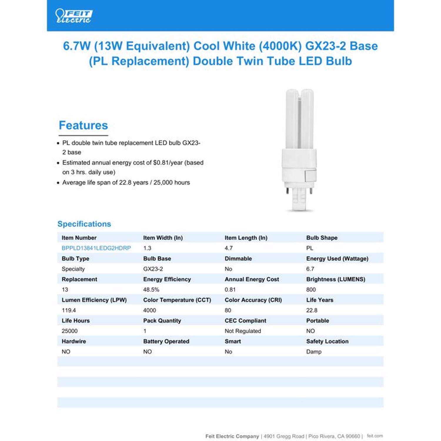 Feit LED Linear PL GX23-2 LED Light Bulb Cool White 13 Watt Equivalence 1 pk