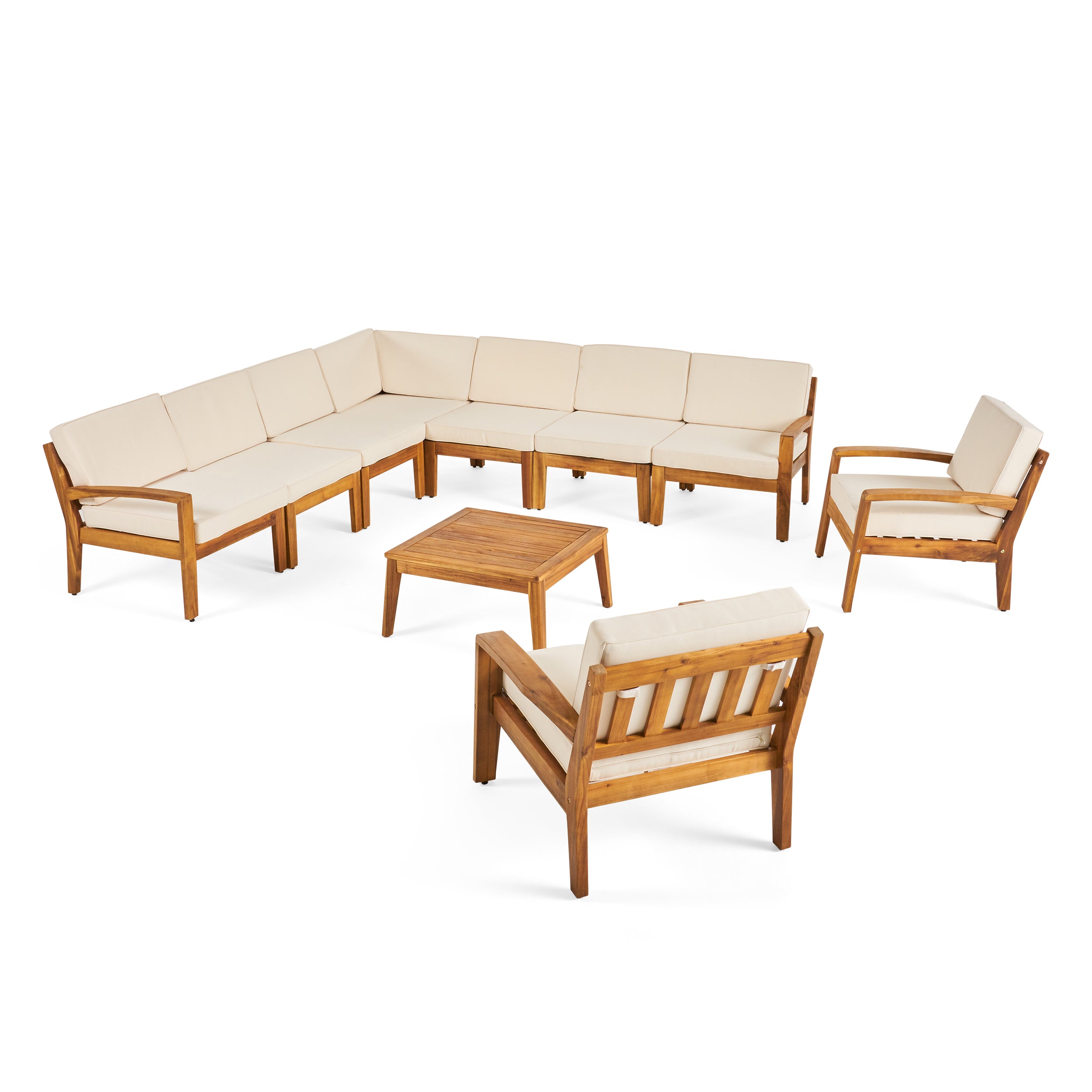 Madeline Outdoor Acacia Wood 9 Seater Sectional Sofa and Club Chair Set with Coffee Table