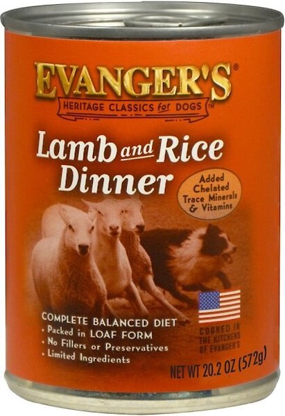 Evanger's Lamb and Rice Dinner Wet Dog Food， 20.2-oz can， case of 12