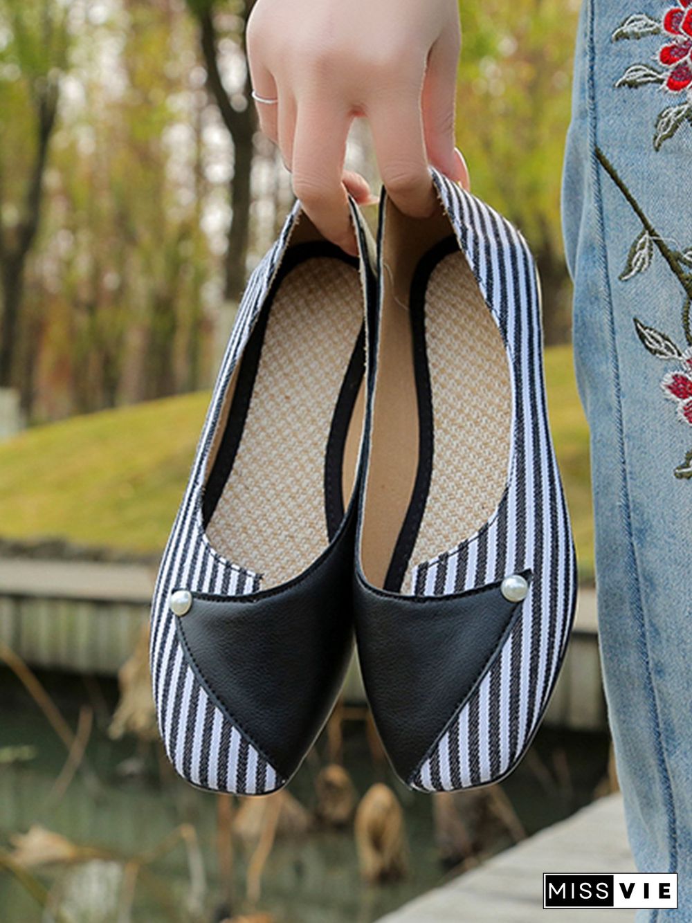 Women Striped All Season Urban Split Joint PU Pu Slip On Standard Shallow Shoes Flats