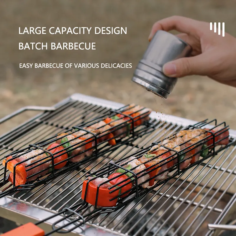 Wholesale Non stick Barbecue Grill Lightweight Wooden Handle BBQ Camping Grill for Heating Cooking Barbecue