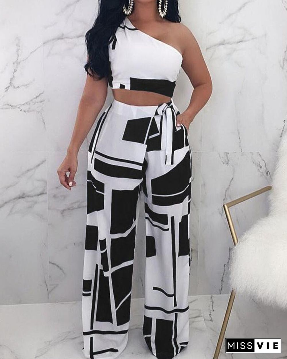 Colorblock One Shoulder Cropped Wide Pants Set P10968