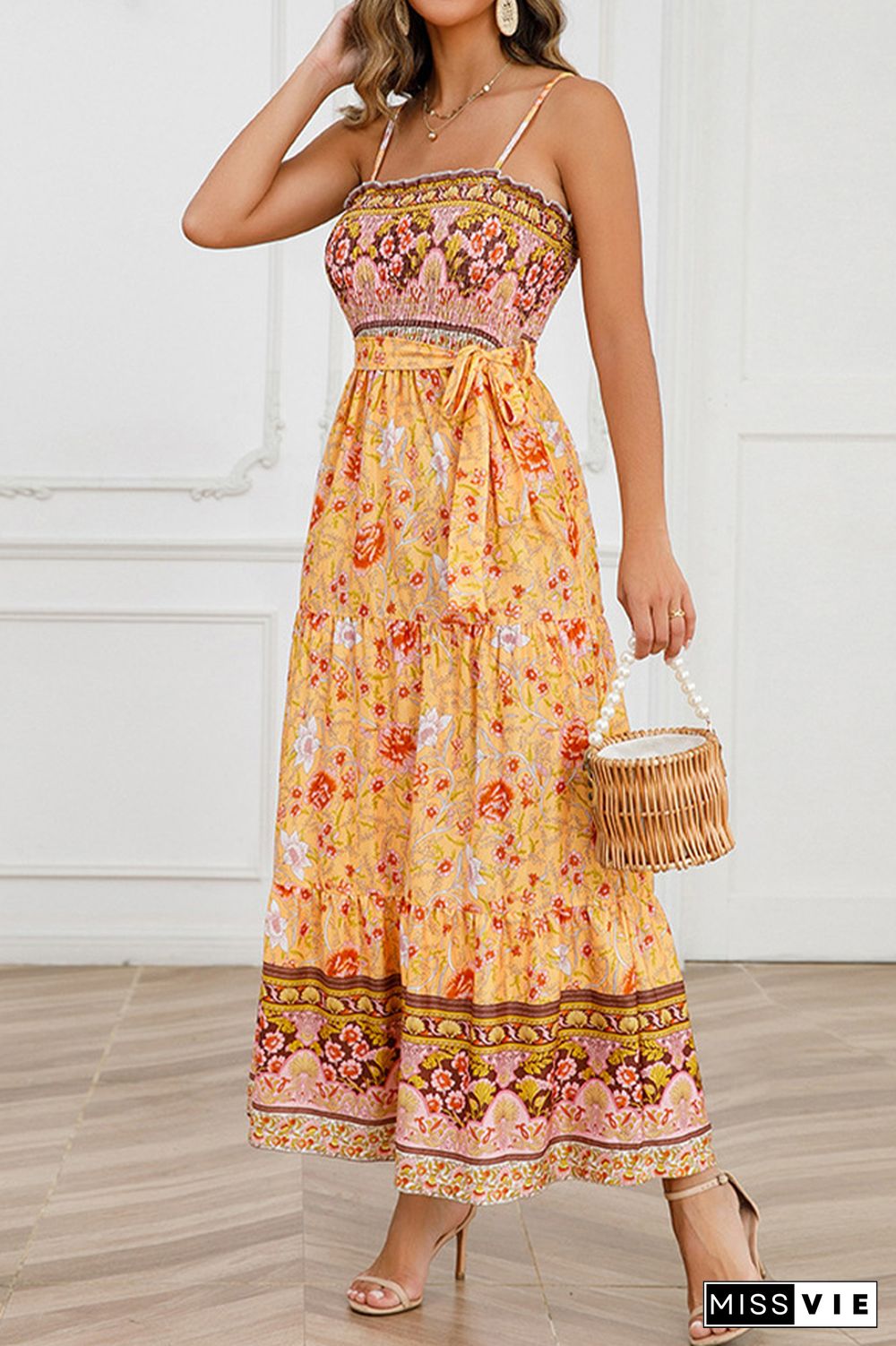 Boho Floral Print Smocked Bandeau Spaghetti Strap Maxi Dress