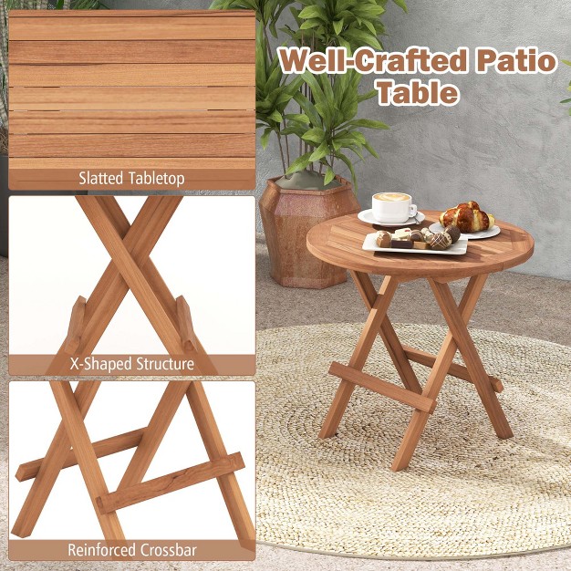 Costway 3pcs Patio Bistro Set Round Table Teak Wood Folding Chair Slatted Tabletop Seat