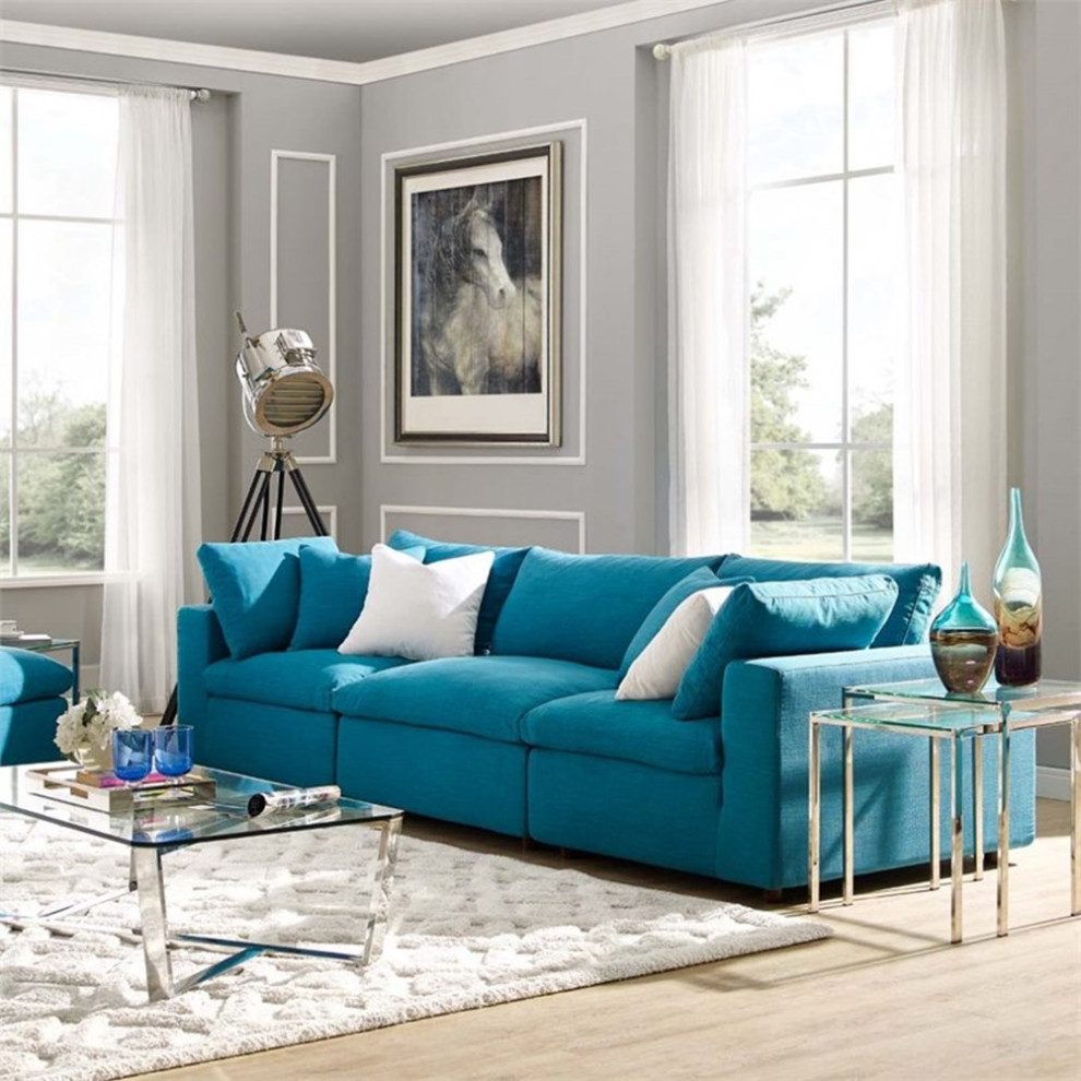 Pemberly Row 3 Piece Down Filled Overstuffed Sectional Sofa Set in Teal   Contemporary   Sectional Sofas   by Homesquare  Houzz