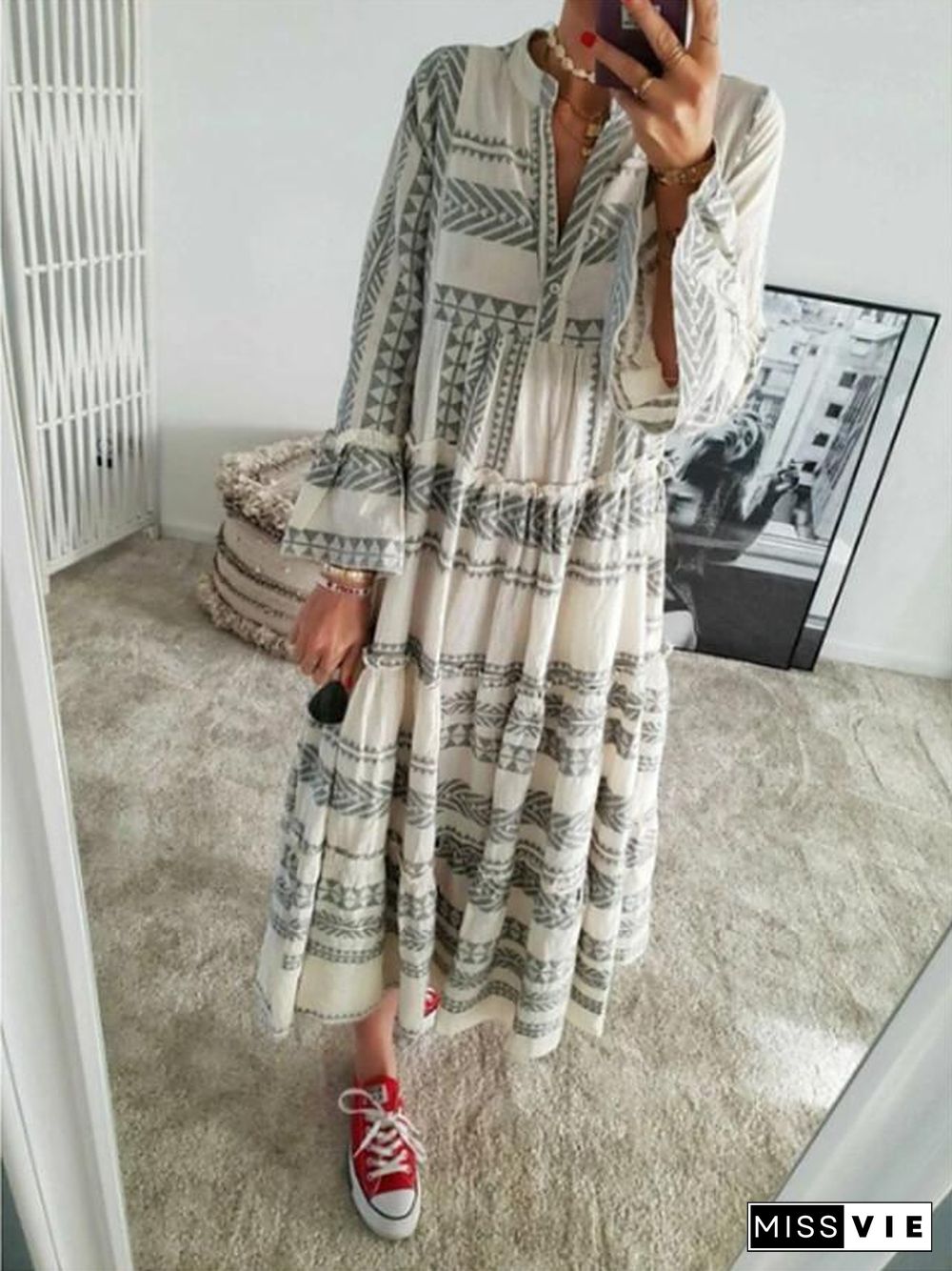 Women's Swing Dress Maxi long Dress 3/4 Length Sleeve Geometric Print Spring Summer Boho Flare Cuff Sleeve Blushing Pink Gray S M L XL XXL 3XL