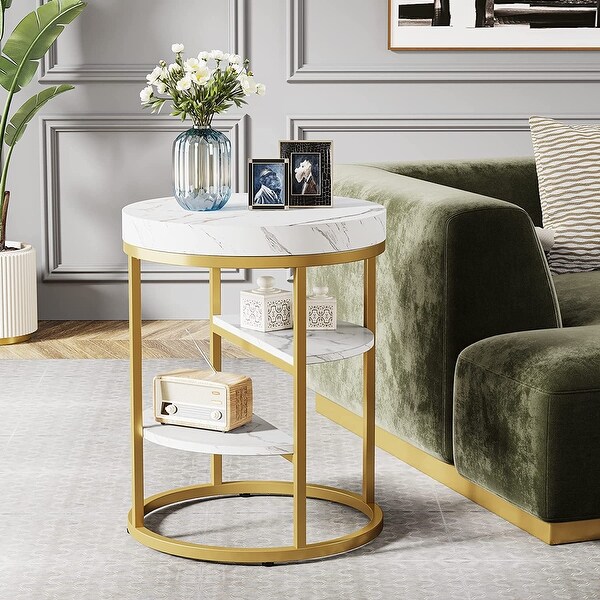 Gold End Table， Modern 3-Tier Side Table with Storage Shelf