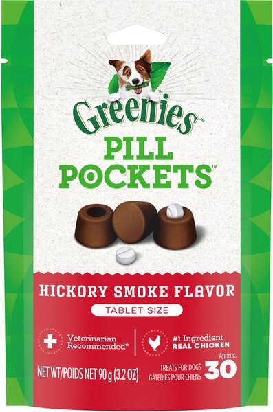 Greenies Pill Pockets Canine Hickory Smoke Flavor Dog Treats， Tablet Size， 30 count