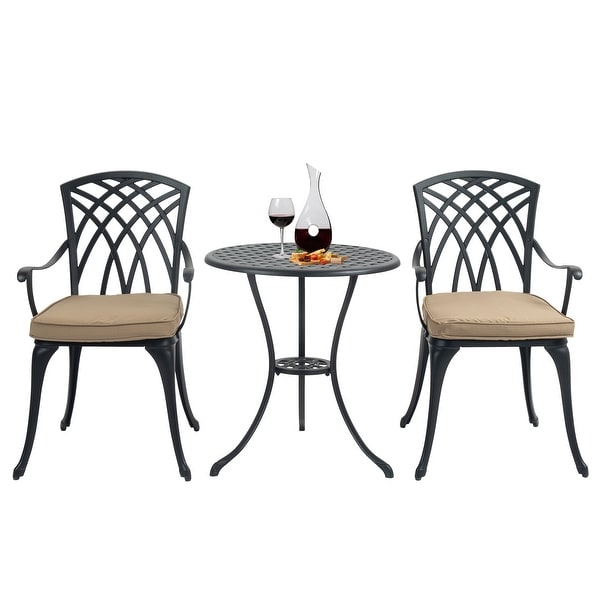 3 Piece Bistro Table Set Cast Aluminum Outdoor Patio Furniture with Umbrella Hole and Grey Cushions for Patio Balcony，Black