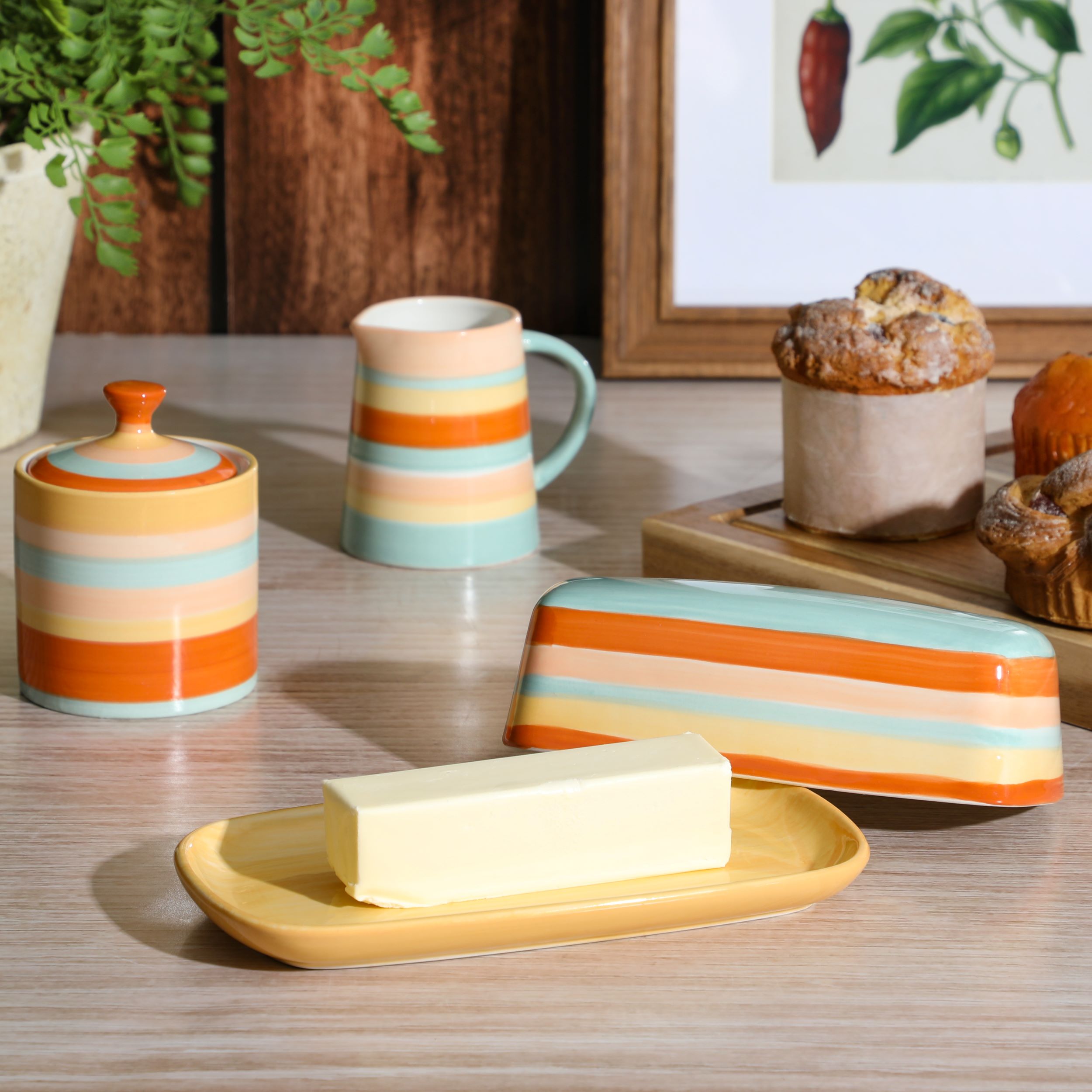 Wanda June Home Vintage Stripe Orange Stoneware Butter Dish， Sugar and Creamer Set by Miranda Lambert