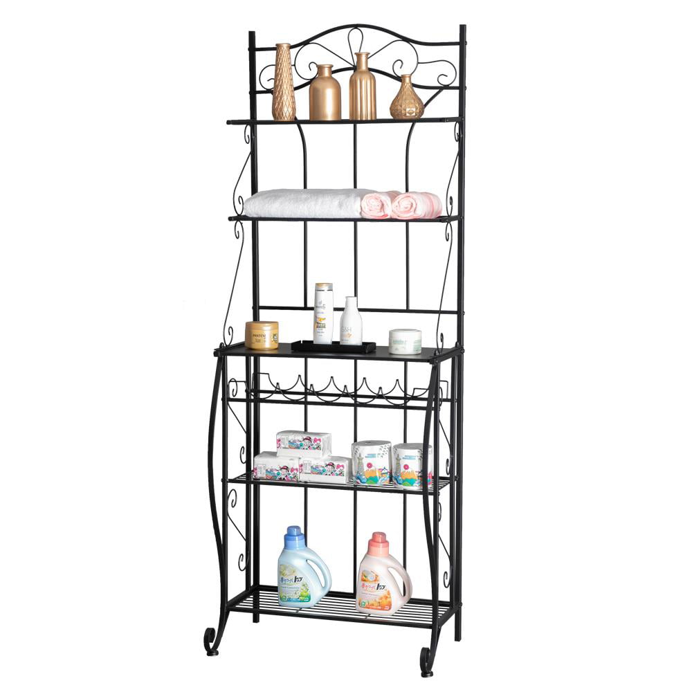 Ktaxon 6-Tier Metal Baker's Rack Kitchen Island with 5-Bottle Wine Rack Holder Storage Shelf Organizer， Freestanding Microwave Oven Stand Coffee Bar Table， Black