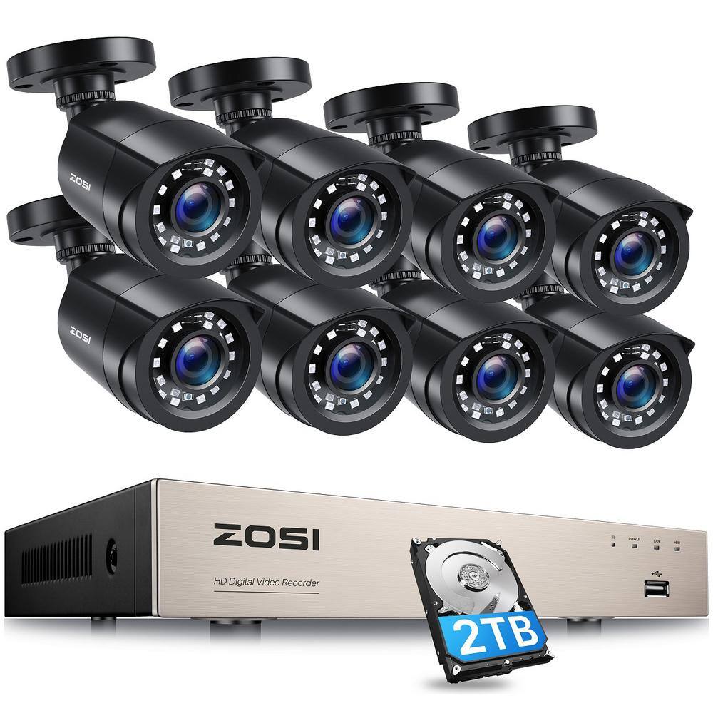 ZOSI 8-Channel 5MP-Lite 2TB DVR Surveillance System with 8-Wired 1080p Bullet Cameras 8VN-106B8S-20-US