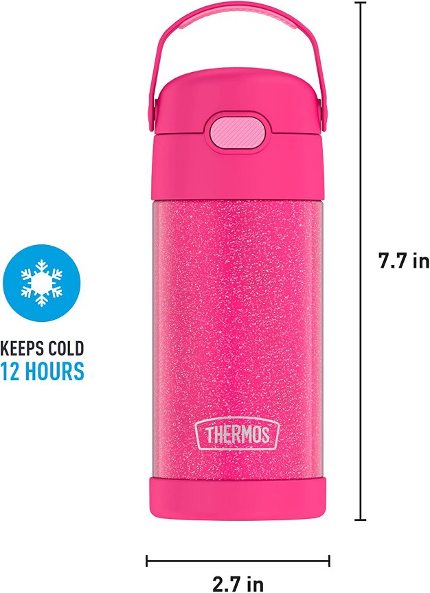 Thermos Funtainer 12 Ounce Stainless Steel Vacuum Insulated Kids Straw Bottle Pink Glitter