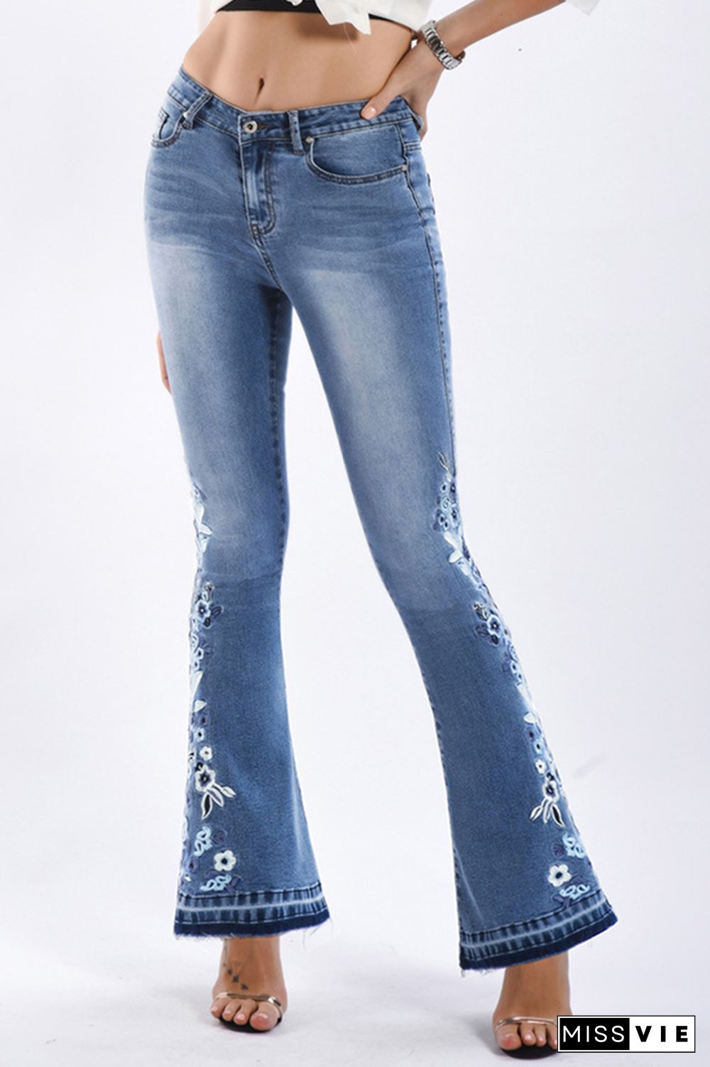 Bleach Embroidered Side Bell Bottom Flared Jeans Wholesale Boutique