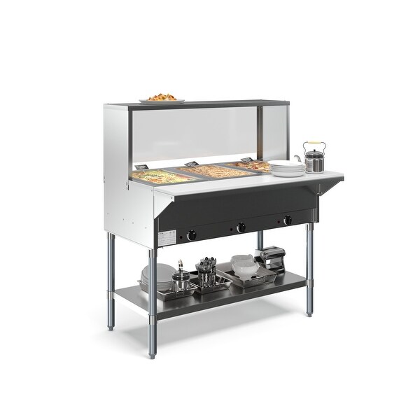 3-Pan Open Well Commercial Electric Stainless Steel Steam Table with Sneeze Guard， Warming Control Knobs， Front Serving Area