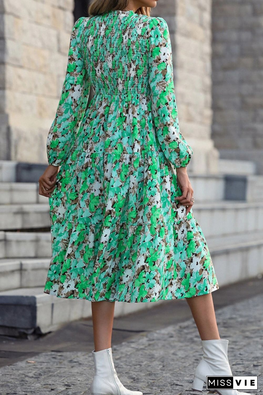 Elastic Waist Puff Sleeves Ruffle Printing Dress