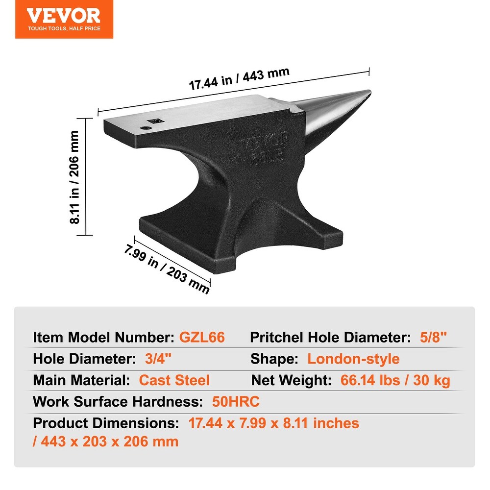 VEVOR Single Horn Anvil 8.8 22   66 Lbs Cast Steel Compact Design Stable Base High Hardness Rugged Round Horn Metalsmith Tool