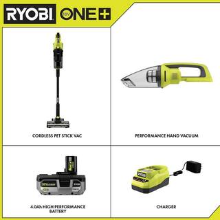 RYOBI ONE+ HP 18V Brushless Cordless Pet Stick Vacuum Cleaner Kit w Battery Charger  ONE+ Cordless Performance Hand Vacuum PBLSV716K-PCL704B