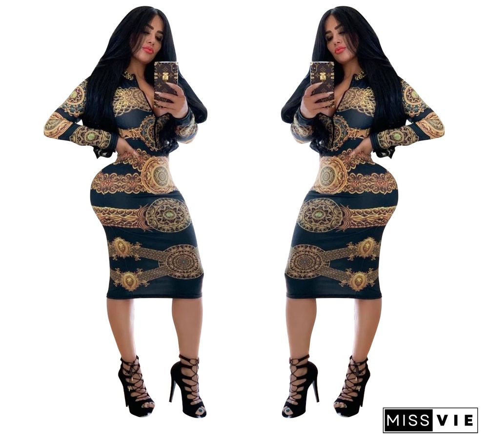 Women Print Long Sleeve Bodycon Party Midi Dress