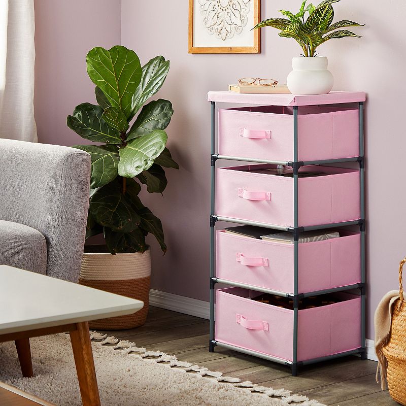 Pink 4 Drawer Dresser， Fabric Clothes Storage Stand For Bedroom， Nursery， Closet Organizer Unit