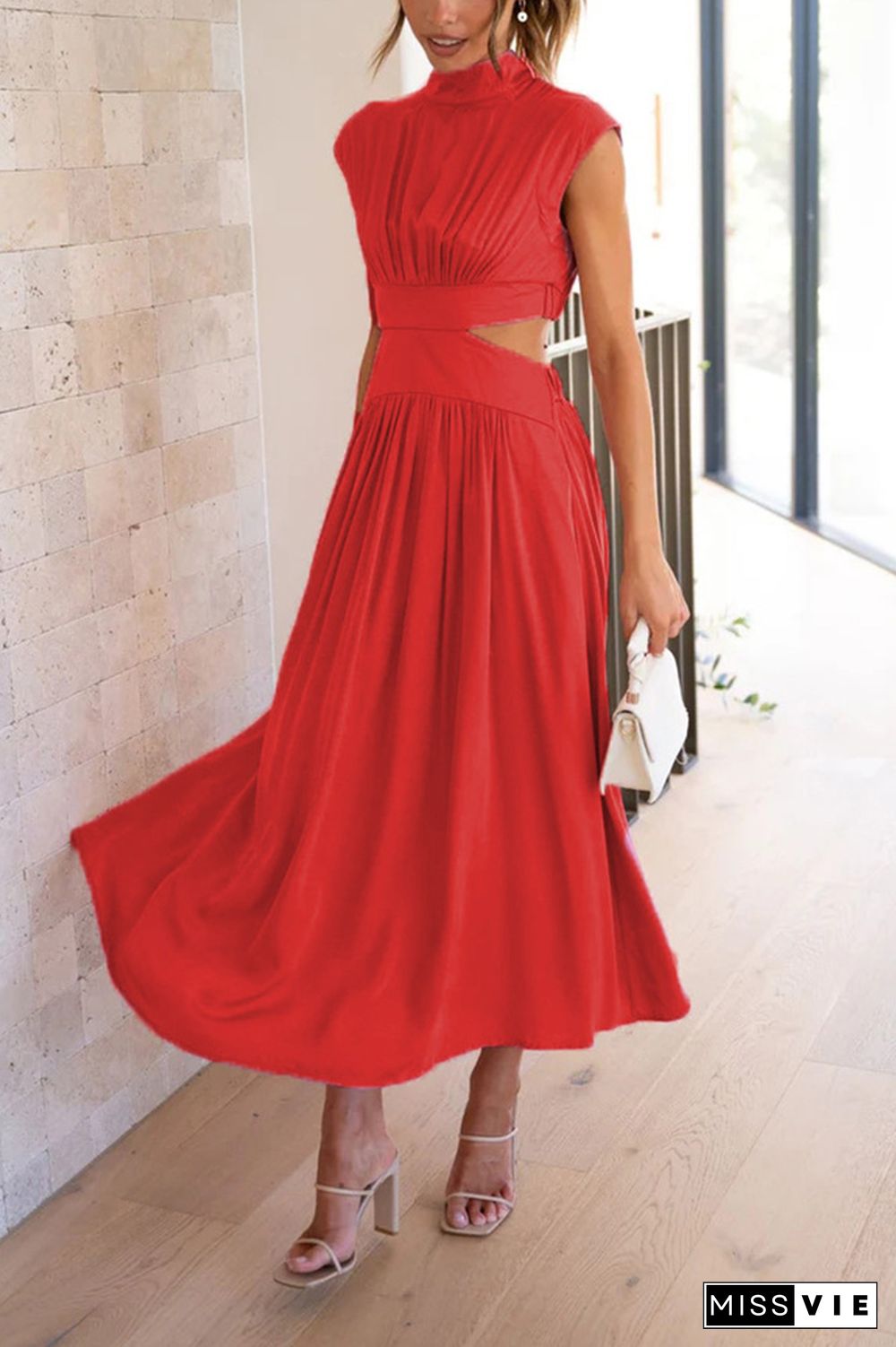 Plain Frilled High Collar Cut Out Waist Maxi Dress