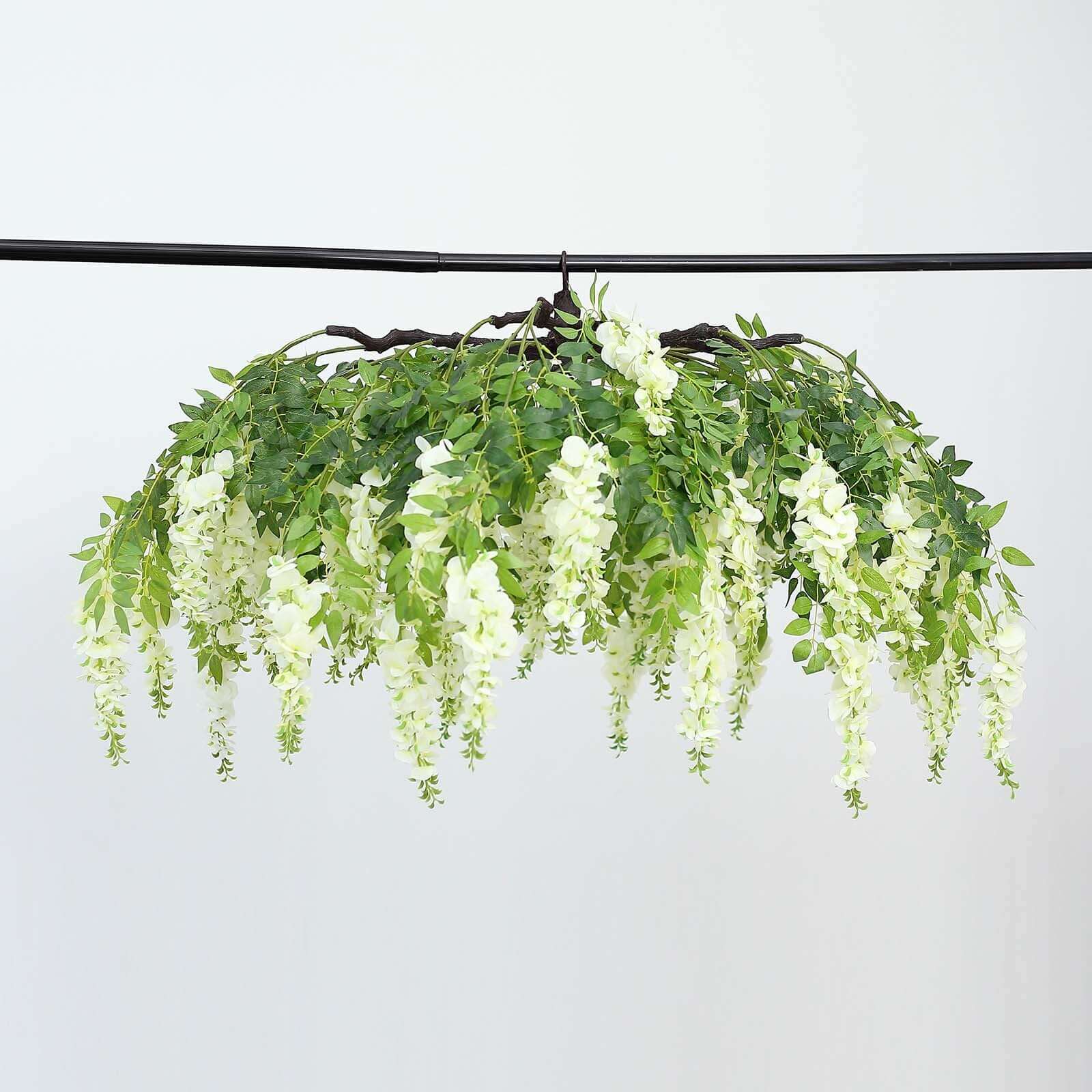 Cream Artificial Silk Wisteria Vine Round Hanging Canopy, Draping Garland Flower Chandelier With Interchangeable Branches 55