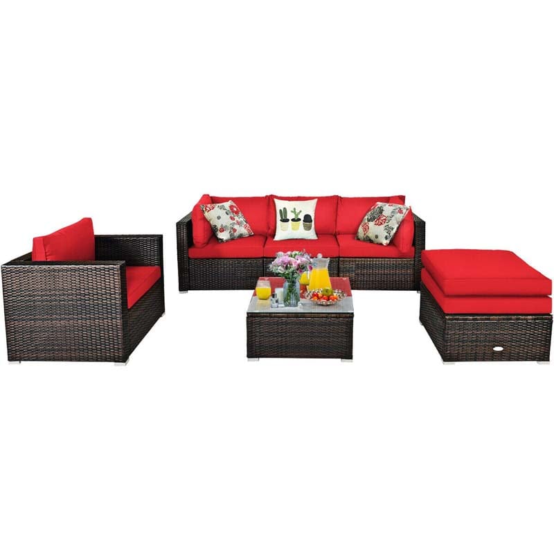 6 Pcs Patio Rattan Sectional Furniture Set Outdoor Conversation Sofa Set with Cushions