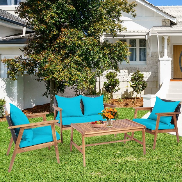 Tangkula 8pcs Patio Conversation Set Wood Frame Furniture Set W Turquoise amp Black Cushions