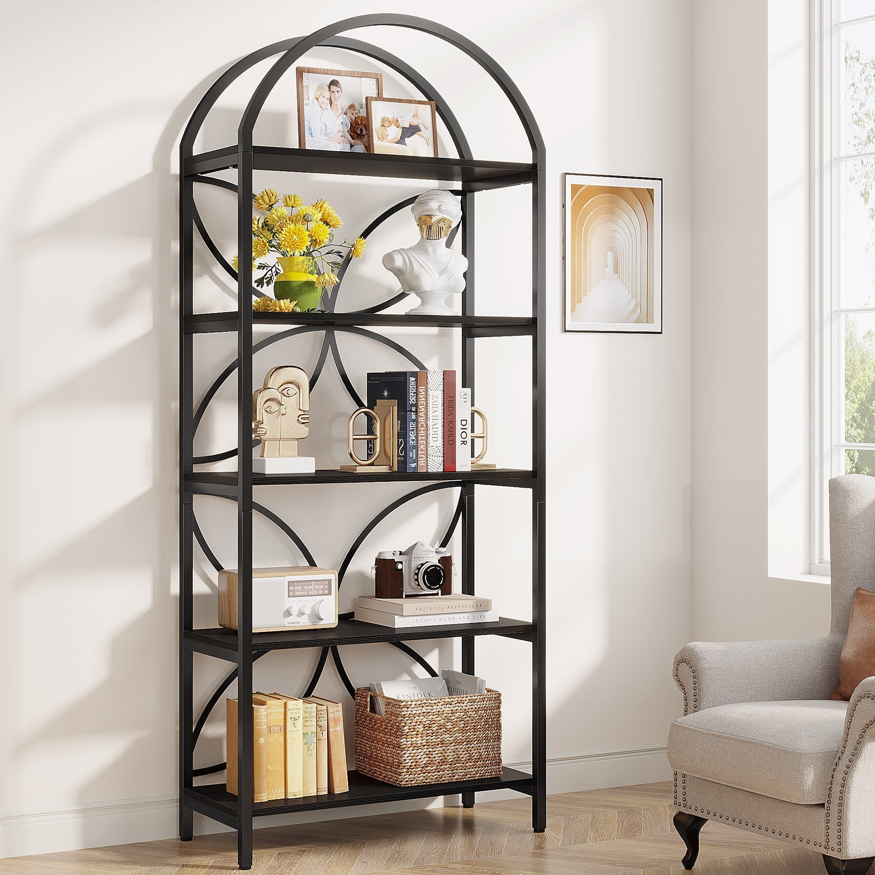 5-Tier Bookshelf, 75 Tall Arched Bookcase Display Rack