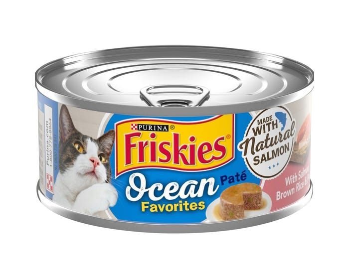 Purina Friskies Ocean Favorites With Salmon， Brown Rice  Peas Natural Pate Wet Cat Food， 5.5 oz. Can