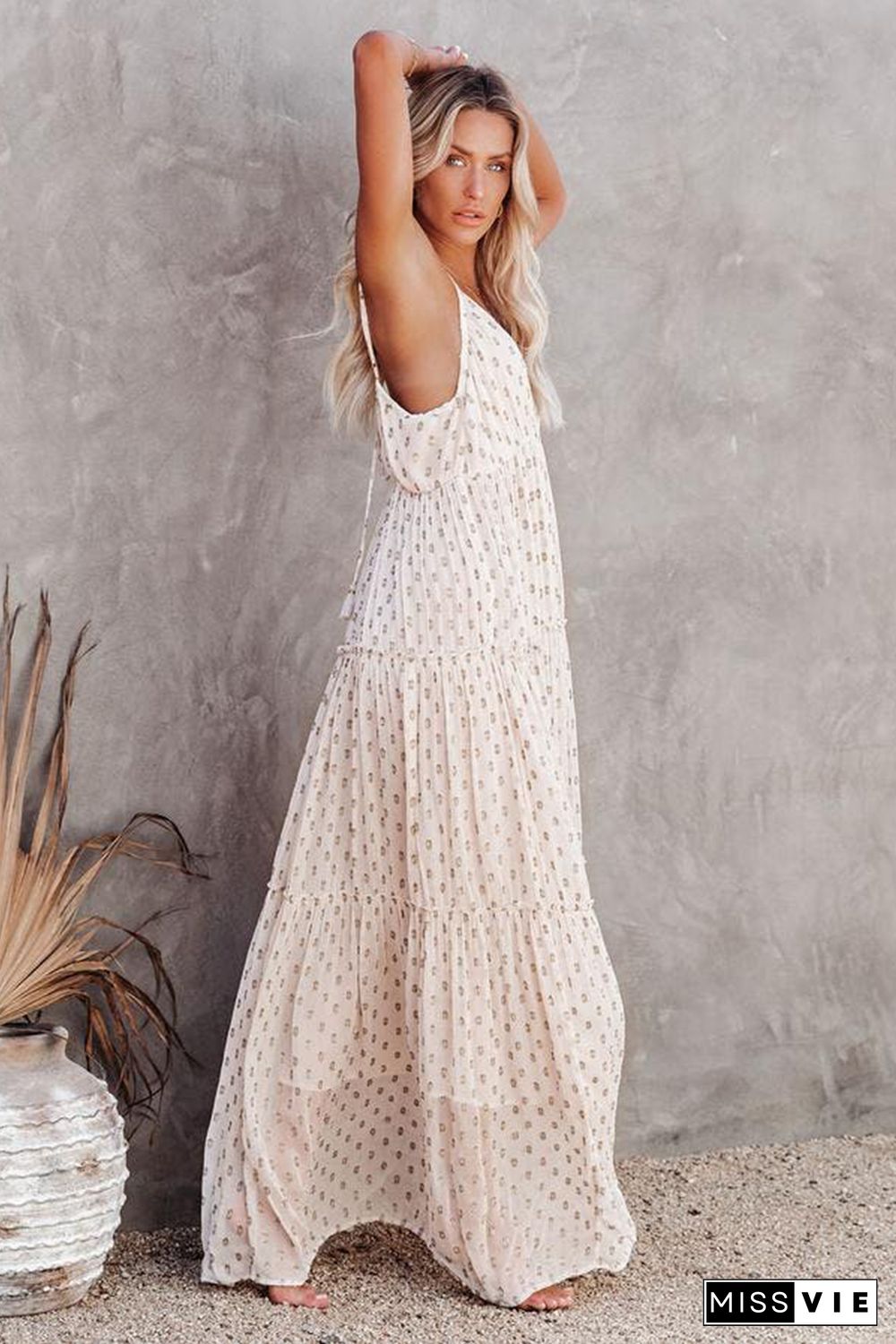 Beige Pattern Print Tiered Ruffled Spaghetti Strap V Neck Maxi Dress