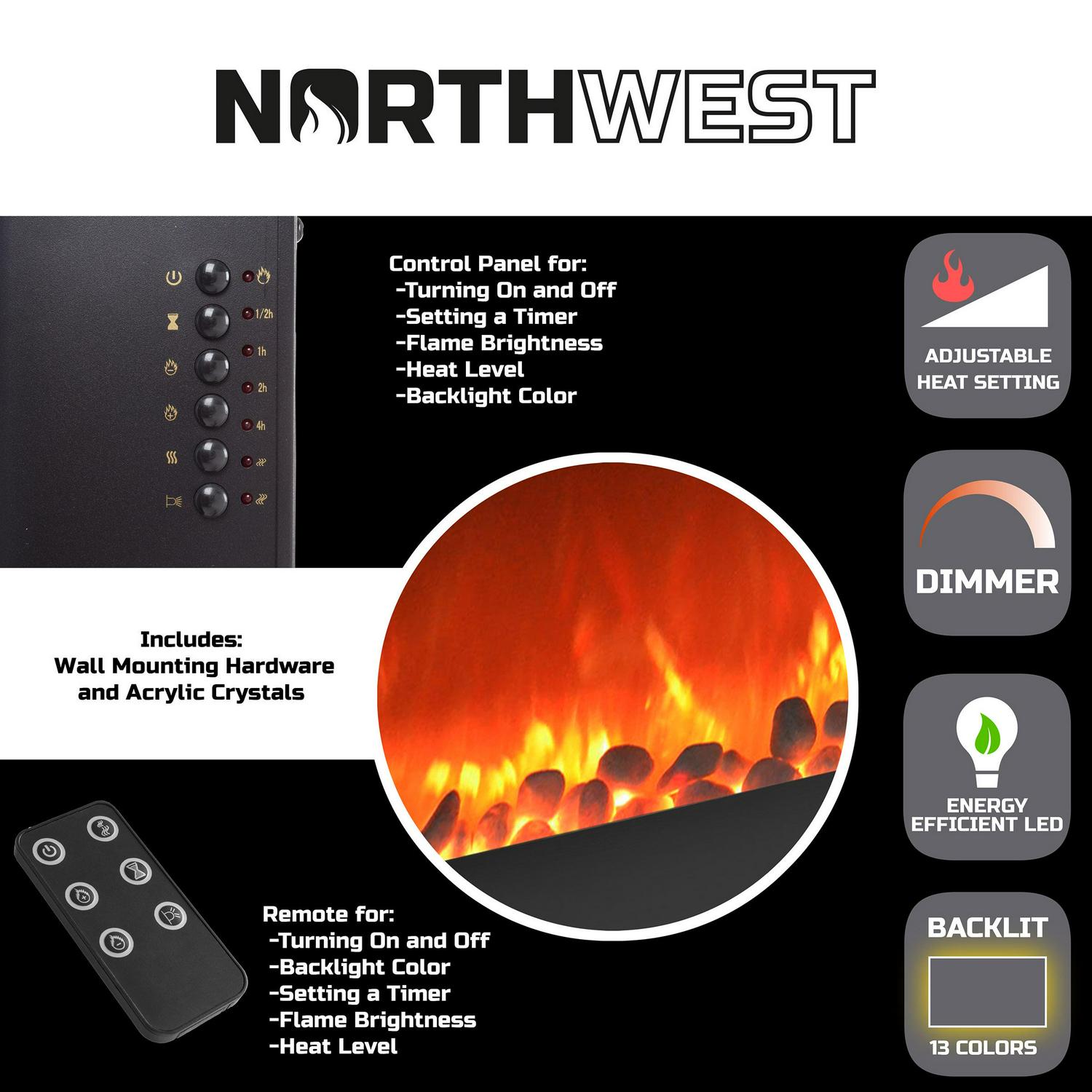 Northwest Electric Fireplace with Remote Control and Adjustable Heat， Black