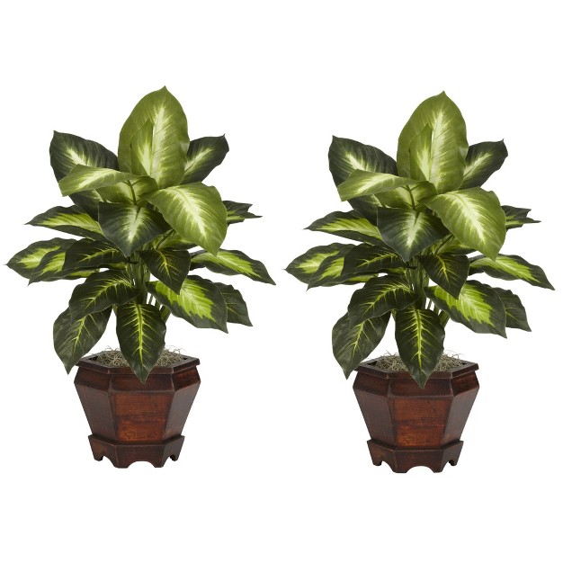 Nearly Natural 20.5-in Dieffenbachia W/wood Vase Silk Plant (set Of 2)