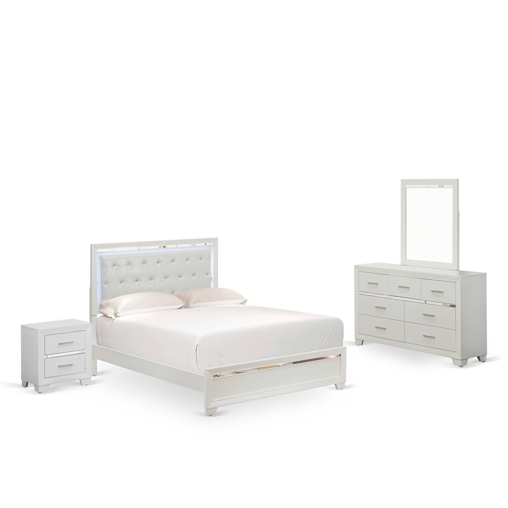 East West Furniture Pandora Wooden queen bedroom set with a queen bed frames White Finish(Pieces Option)