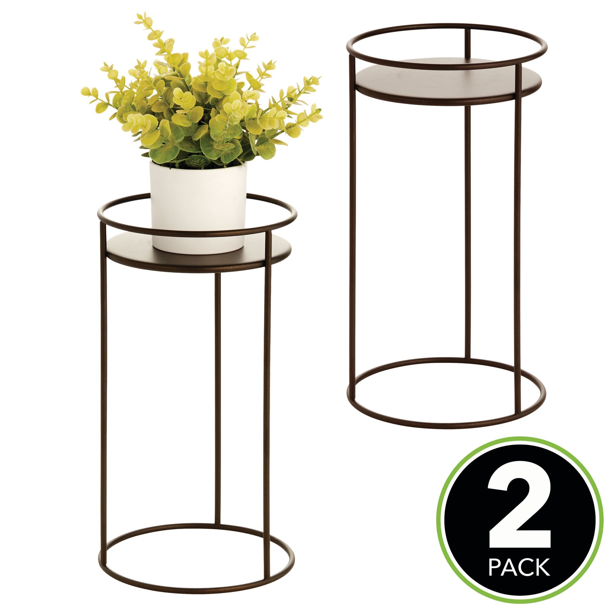 mDesign Metal 15-Inch Tall Circular Plant Stand, Planter Holder Contemporary Design Round Tray for Table, Garden; Holds Indoor/Outdoor Plants, Flower Pot - Concerto Collection - 2 Pack - Bronze