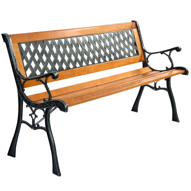 Tangkula Garden Metal Bench Porch Path Hardwood Chair For Patio Park Outdoor Deck