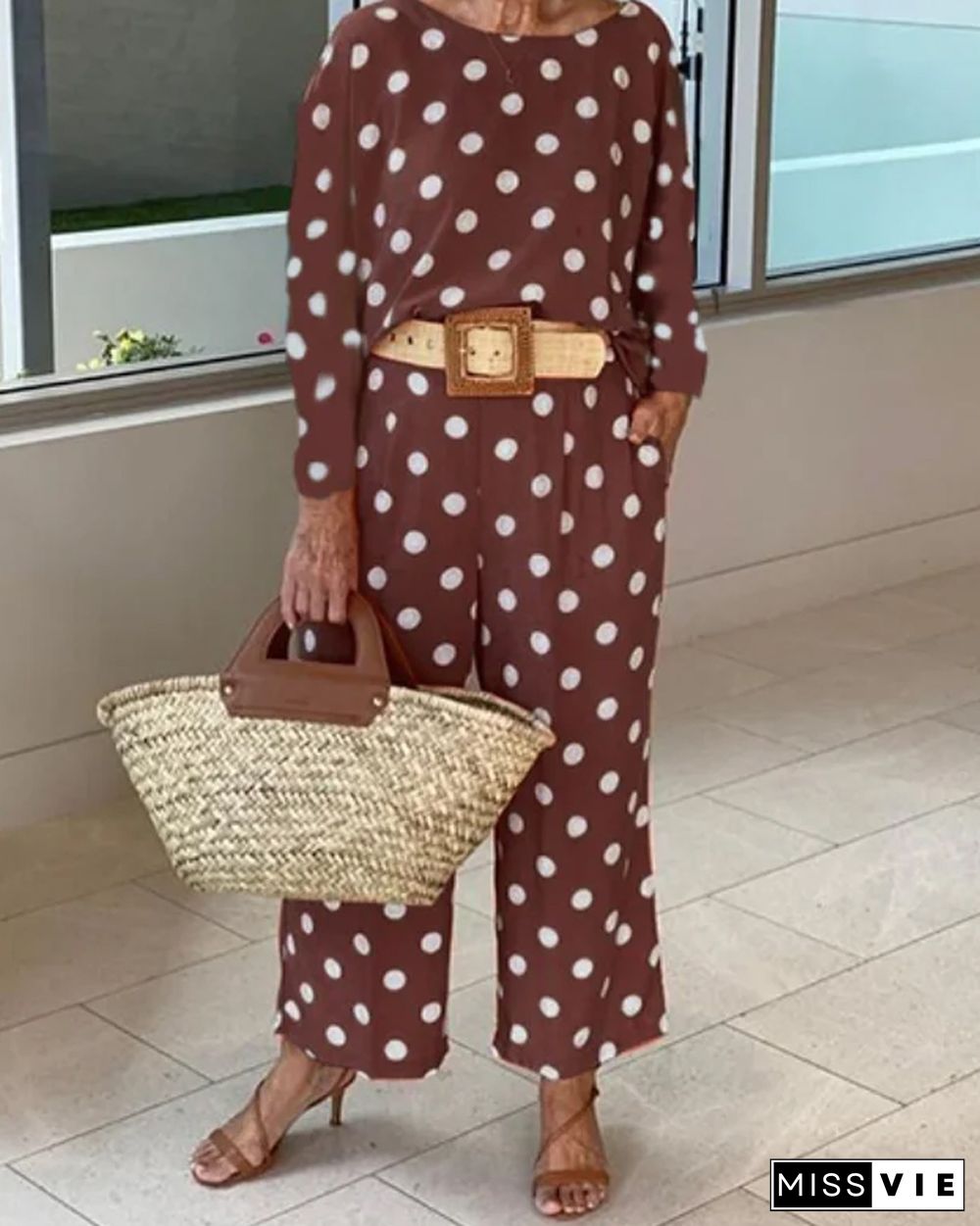 Polka dot long sleeve top wide leg pants set