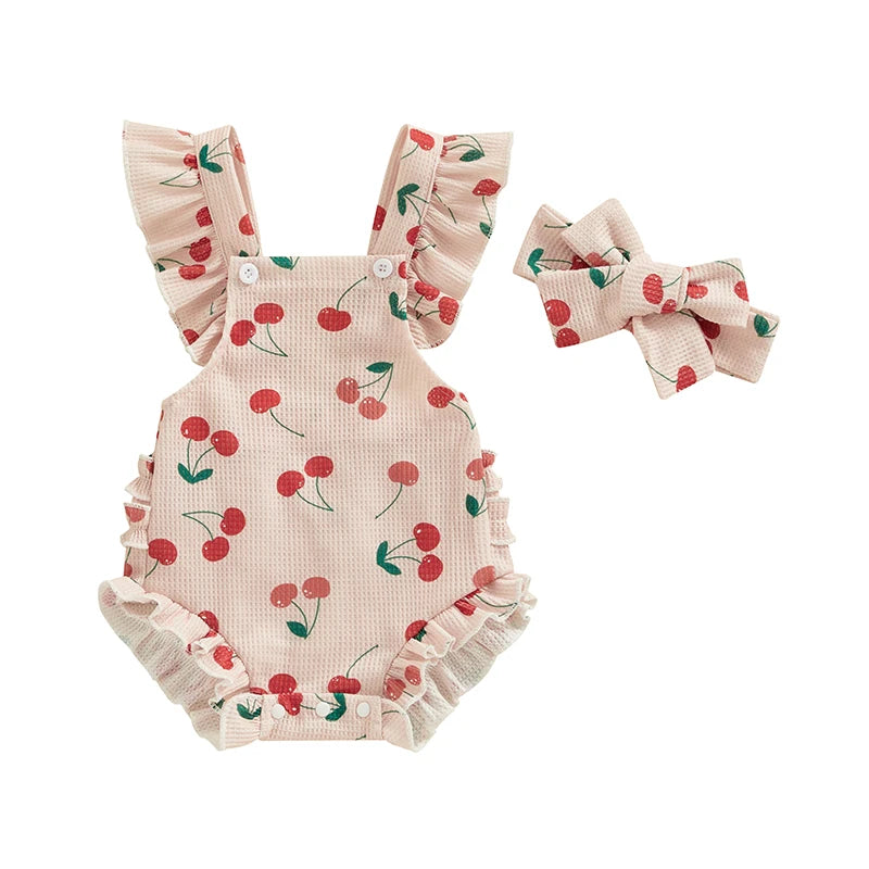 Baby Girls Romper and Headband Strawberry/Flower/Cherry Print Fly Sleeve Frills Newborn Infant Jumpsuit Summer Clothing