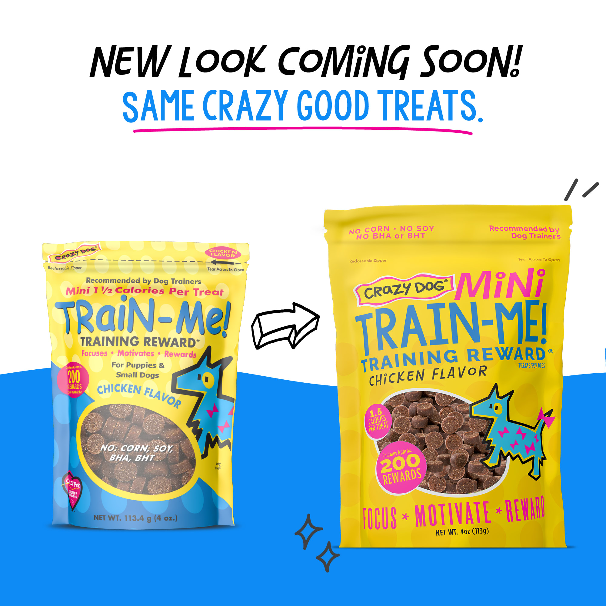 Crazy Dog Train-Me! Mini Training Reward Chicken Dog Treats， 4-oz bag， 200 count.