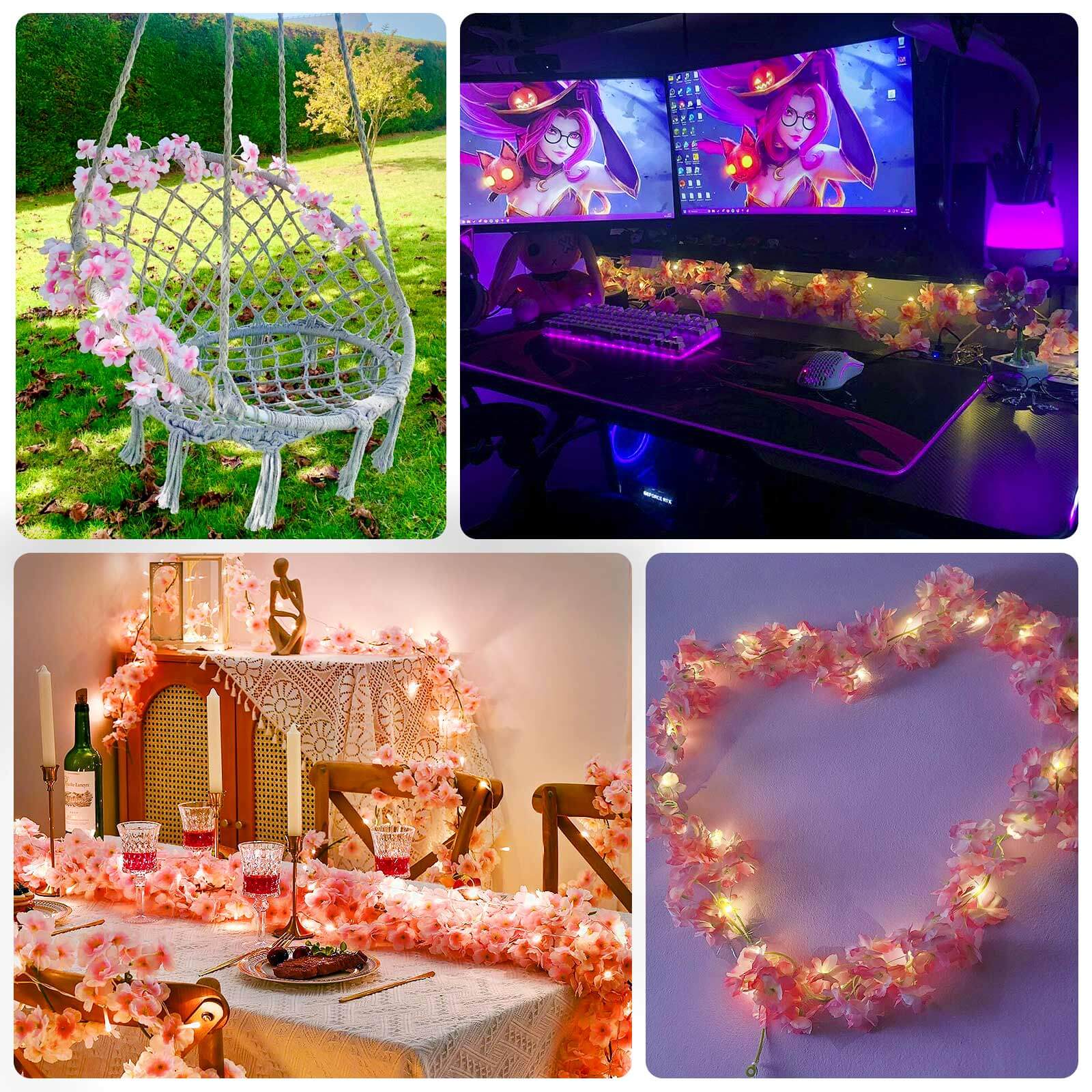 Pink Artificial Cherry Blossom Garland LED Fairy Lights, Warm White 20 LEDs Battery Operated Hanging String Lights - 6ft