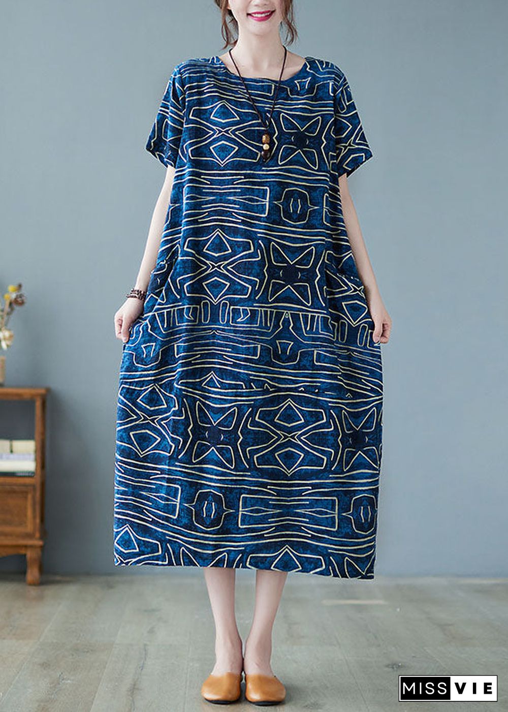 Italian Blue O-Neck Geometric Print Pockets Cotton Maxi Dress Short Sleeve