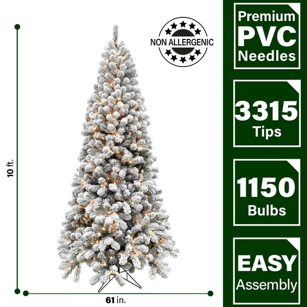 Fraser Hill Farm 10Ft. Flocked Alaskan Pine Christmas Tree with Clear LED String Lighting