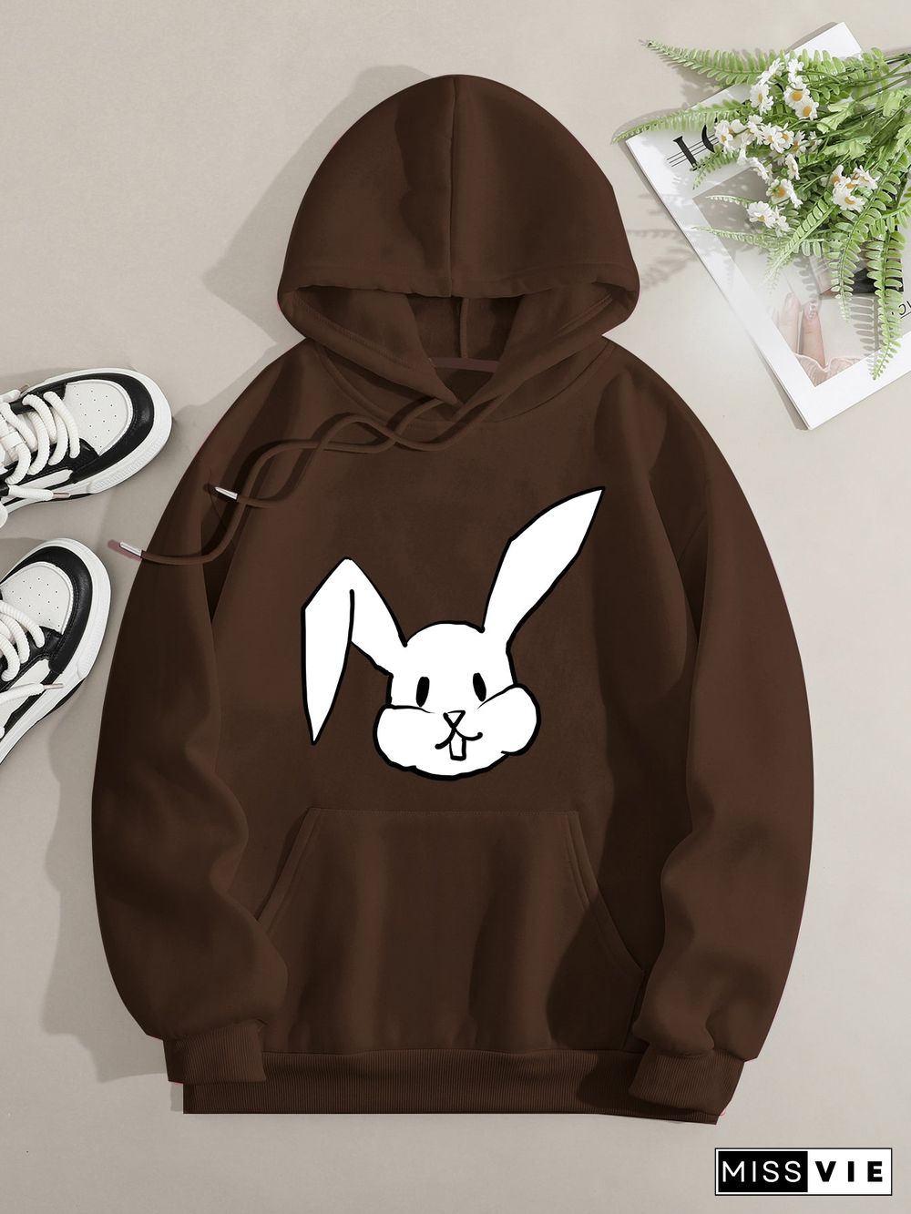 Printed on front Kangaroo Pocket Hoodie Long Sleeve for Women Pattern Big-Eared Rabbit