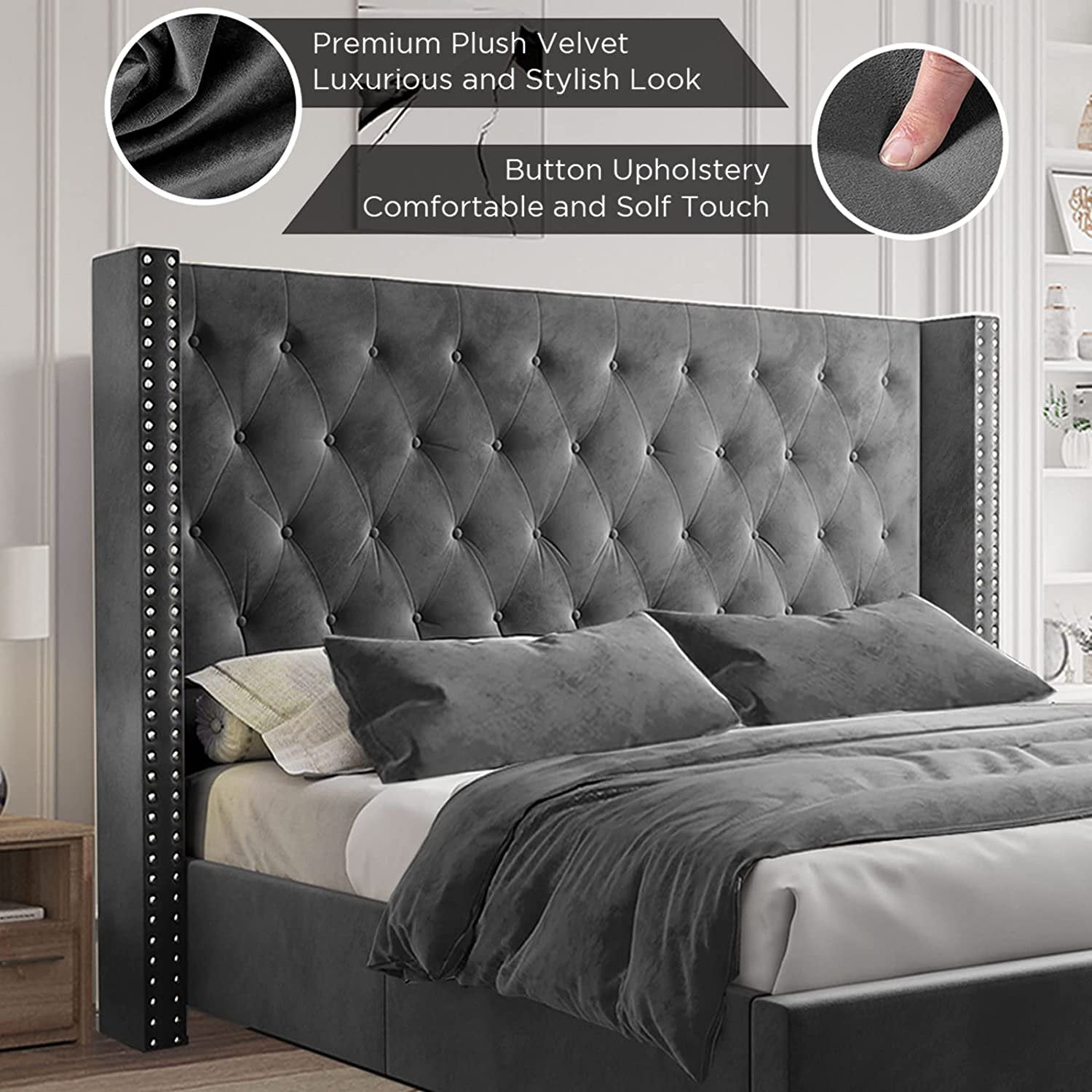 Jocisland King Bed Frame Low Profile Platform Bed Upholstered Bed Frame Velvet Tufted Bed Raised Wingback Headboard/Wood Slats Support/No Box Spring Needed/Easy Assembly/Dark Gray