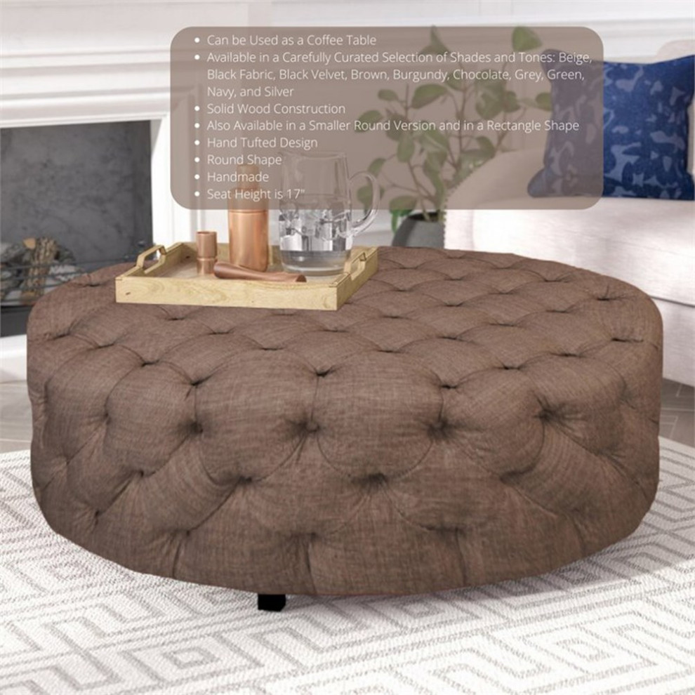 American Home Classic Jasper 16 quotSmall Round Fabric Ottoman in Brown   Transitional   Footstools And Ottomans   by Homesquare  Houzz