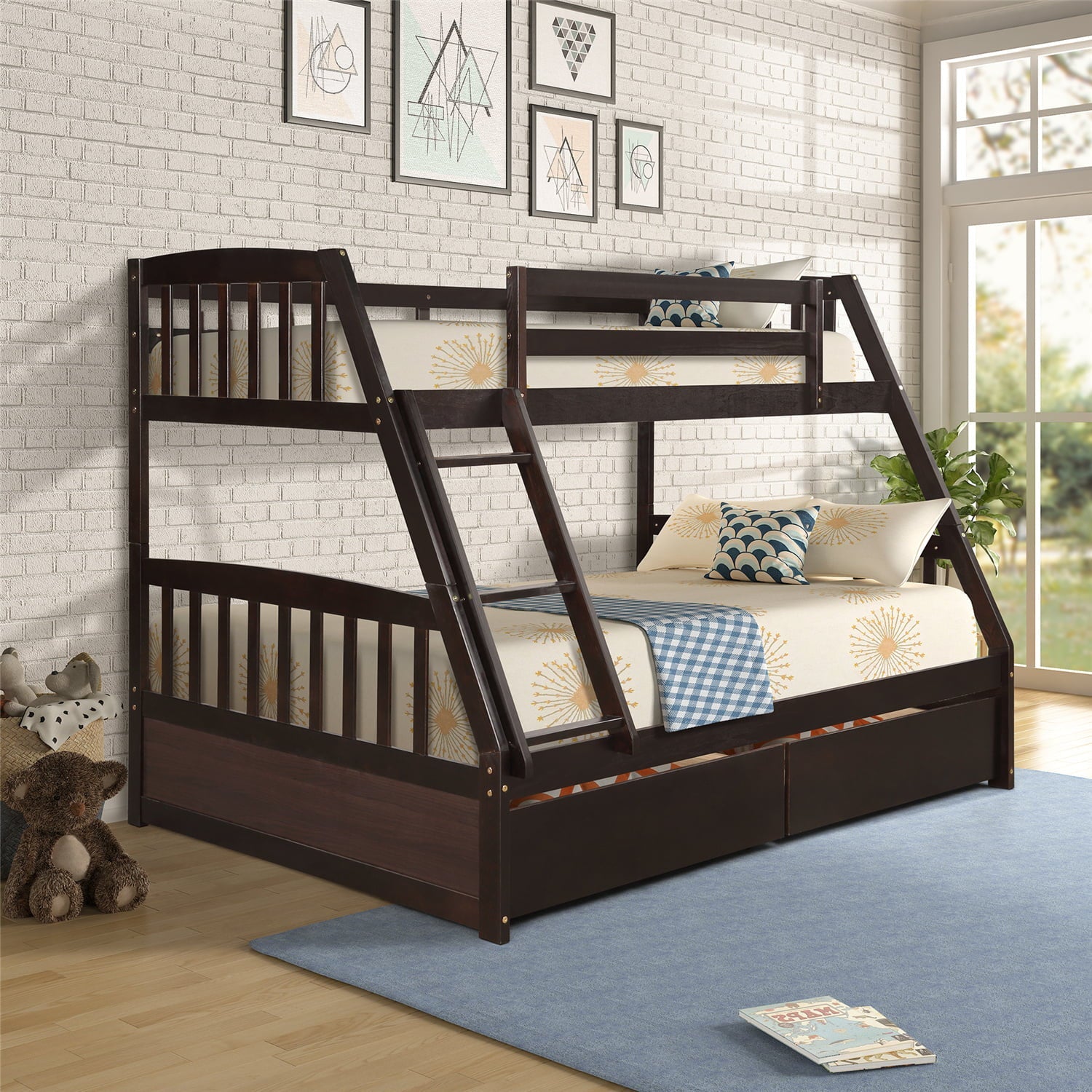 Twin Over Full Bunk Bed with Two Storage Drawers, Pine Wood Bed Frame and Ladder with Guard Rails for Toddlers, Kids, Teens, Boys and Girls, Brown