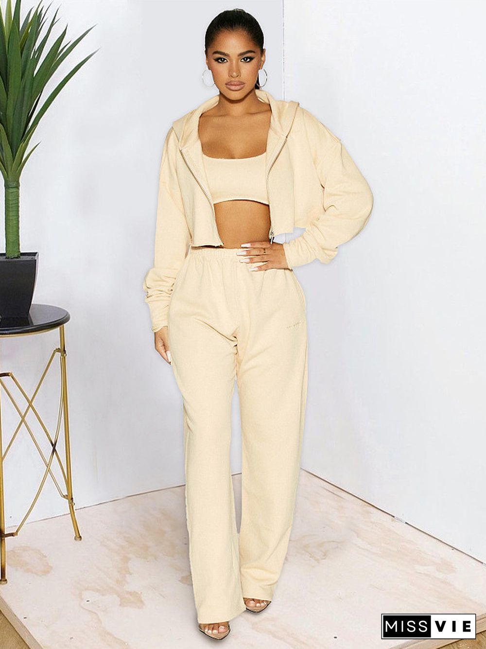 Thicken Zip Hooded Crop Top Wide Leg Pants Set